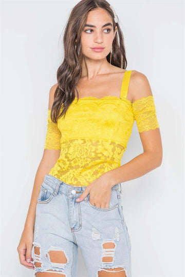 Yellow Floral Lace Off-Shoulder Cami Bodysuit