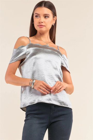 Silver Satin Scallop Hem Off-Shoulder Babydoll Top