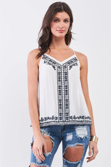 White Slavic Embroidery Detail V-Neck Camisole Babydoll Top