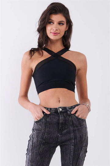 Black Sheer Net Halter Neck Tie Strap Cami Crop Top