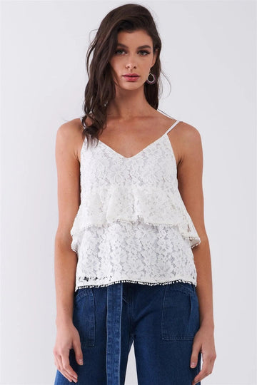 White Floral Crochet V-Neck Relaxed Cami Top