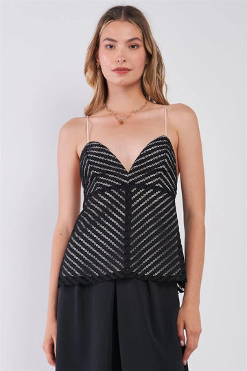 Black & White Striped Crochet Sweetheart Neck Spaghetti Strap Cami Crop Top