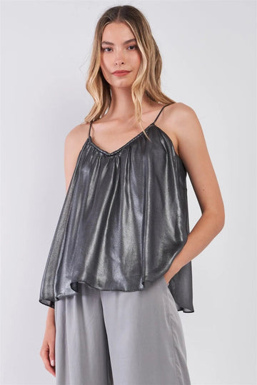 Silver & Black Soft V-Neck Gathered Cami Top