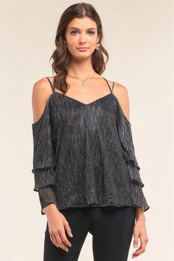 Silver Shimmer Mesh Off-Shoulder Top