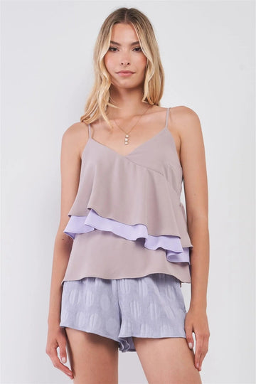Grey & Lavender Asymmetric Layered V-Neck Flounce Cami Top