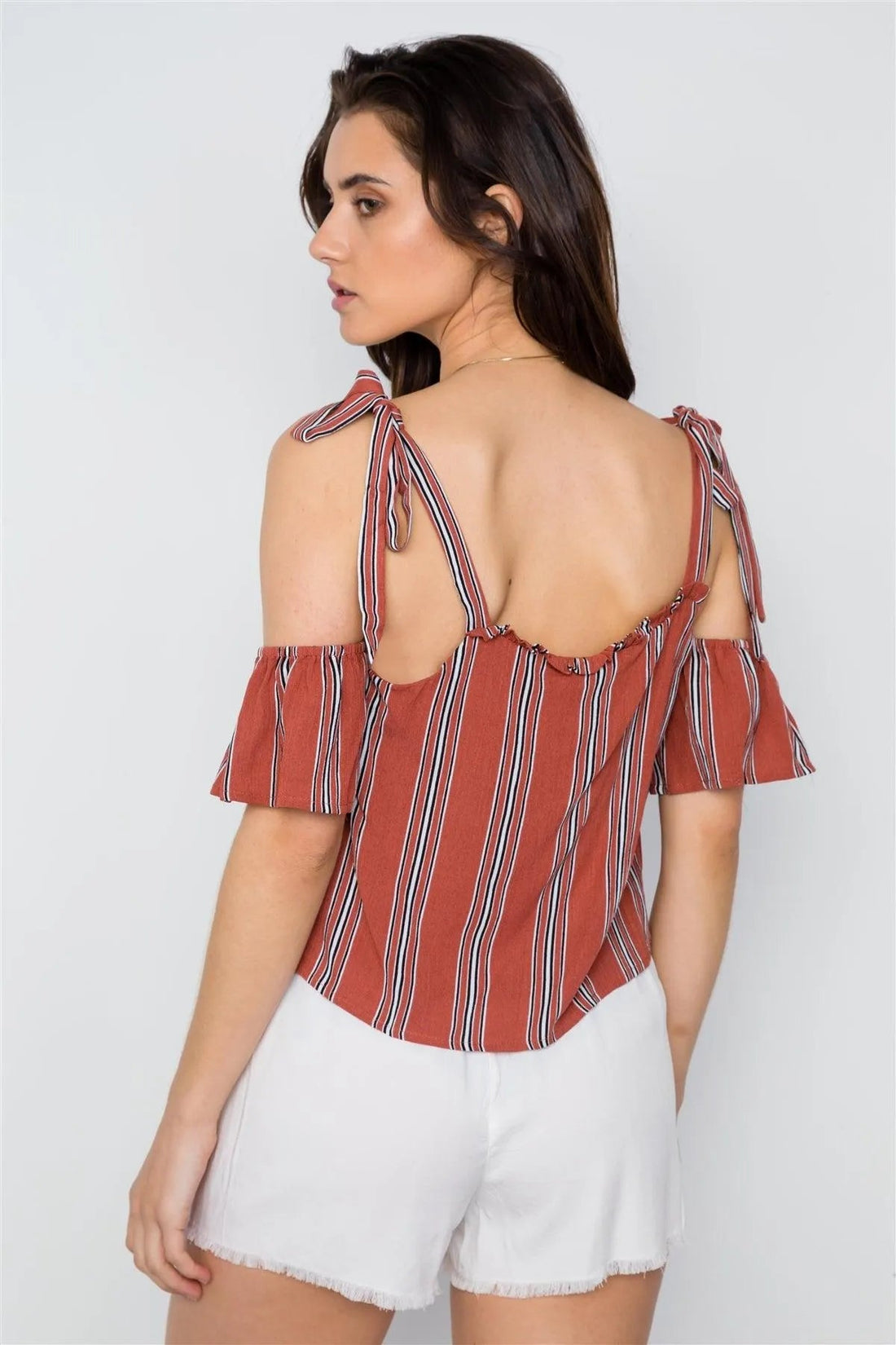 Mauve Striped Cold Shoulder Short Sleeve Top