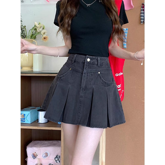 Vintage High - Waisted Denim Pleated Skirt, Irregular Waist Design A - Line Short Skirt (Sizes S - XL)