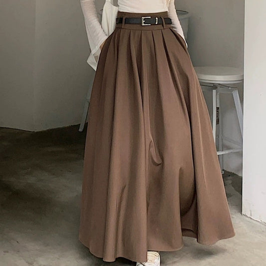Vintage High - Waisted Big Swing Pleated Skirt, Versatile Coffee - Colored Long Midi Skirt (with Belt, S - XL Sizes)