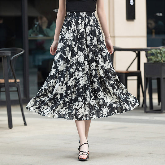 Vintage Ink - Wash Printed Pleated Midi Skirt, High - Waisted Slimming A - Line Skirt (Sizes S - XL)