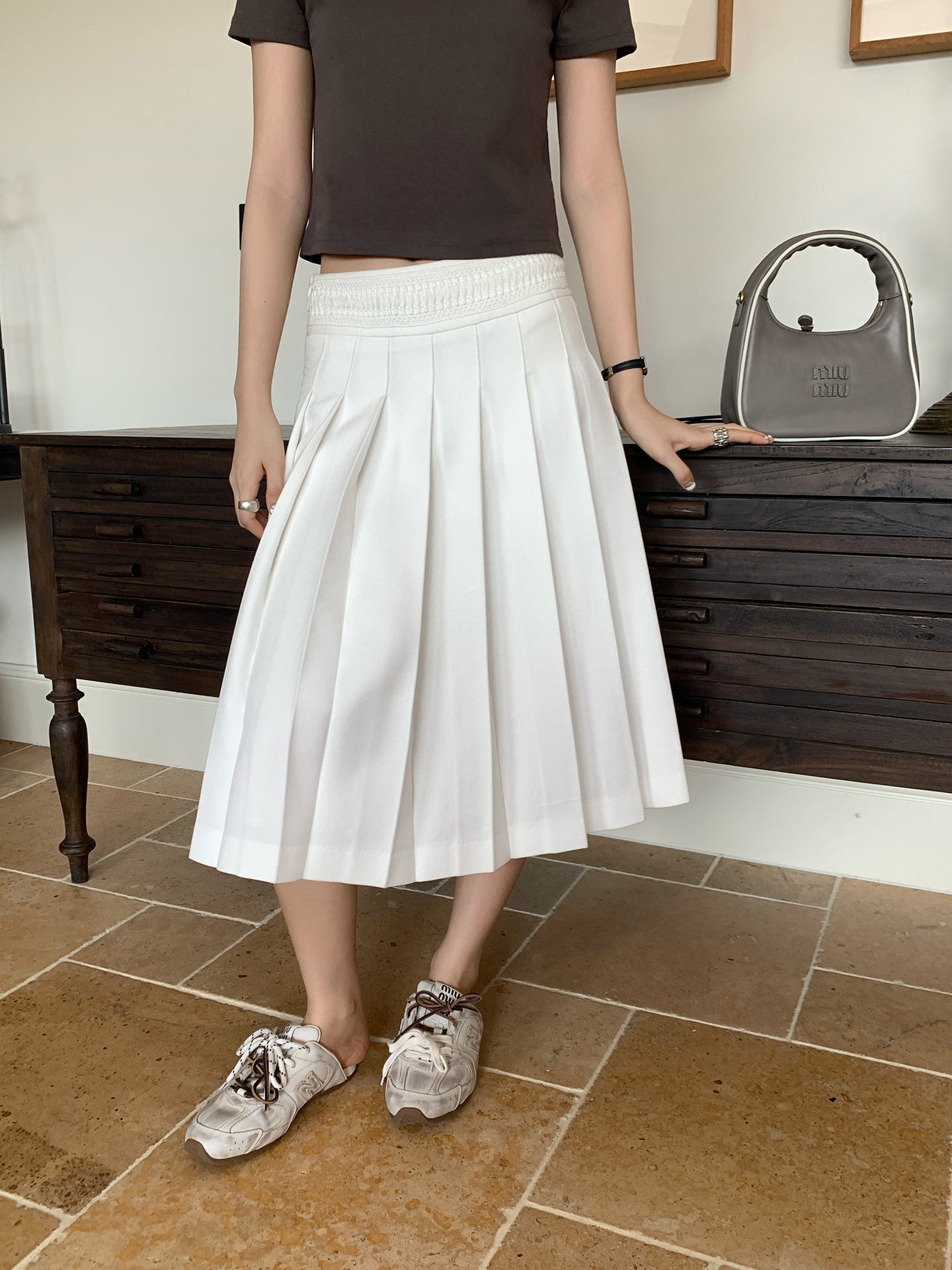 White High - Waisted Pleated Midi Skirt, Simple and Elegant Elastic - Waist Midi Skirt (Sizes S - XL)