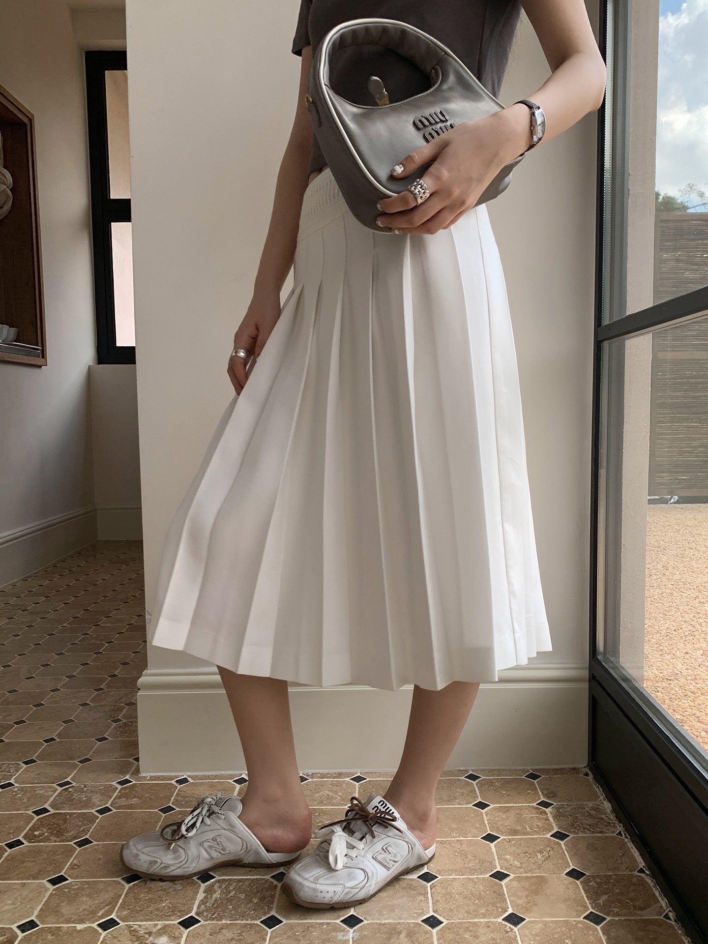 White High - Waisted Pleated Midi Skirt, Simple and Elegant Elastic - Waist Midi Skirt (Sizes S - XL)