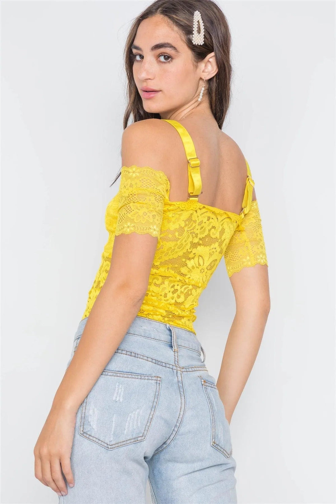Yellow Floral Lace Off-Shoulder Cami Bodysuit