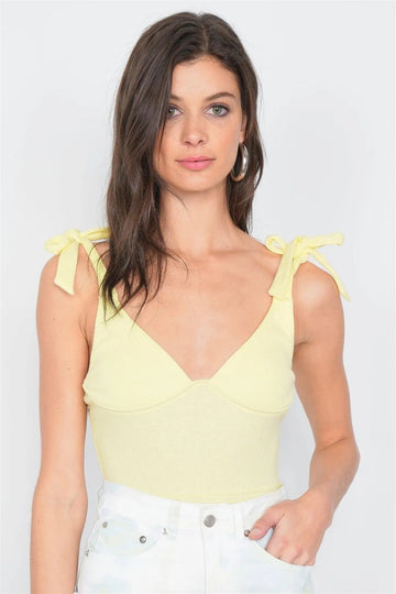 Yellow Knot V-Neck Thong Strap Bodysuit