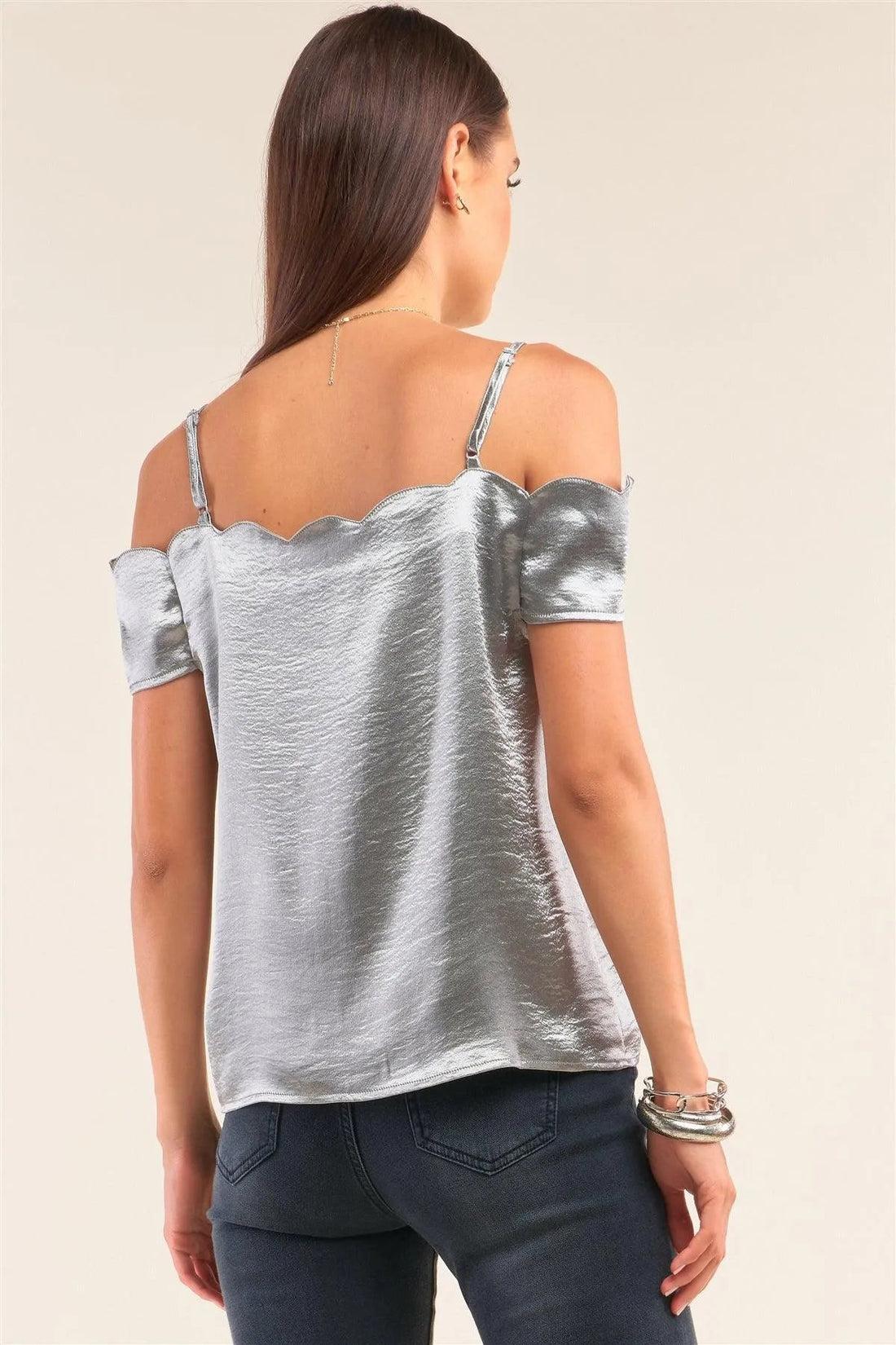 Silver Satin Scallop Hem Off-Shoulder Babydoll Top