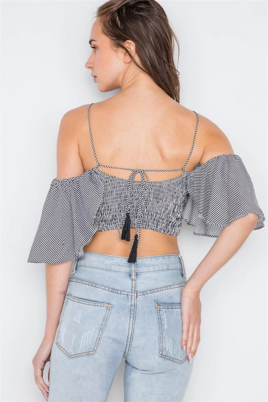 Black Striped Smocked Off-Shoulder Crop Top