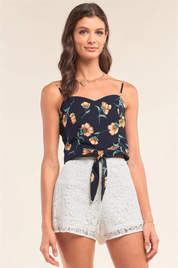 Dark Navy Multicolor Floral Print Heart-Neck Self-Tie Spaghetti Strap Cami Crop Top