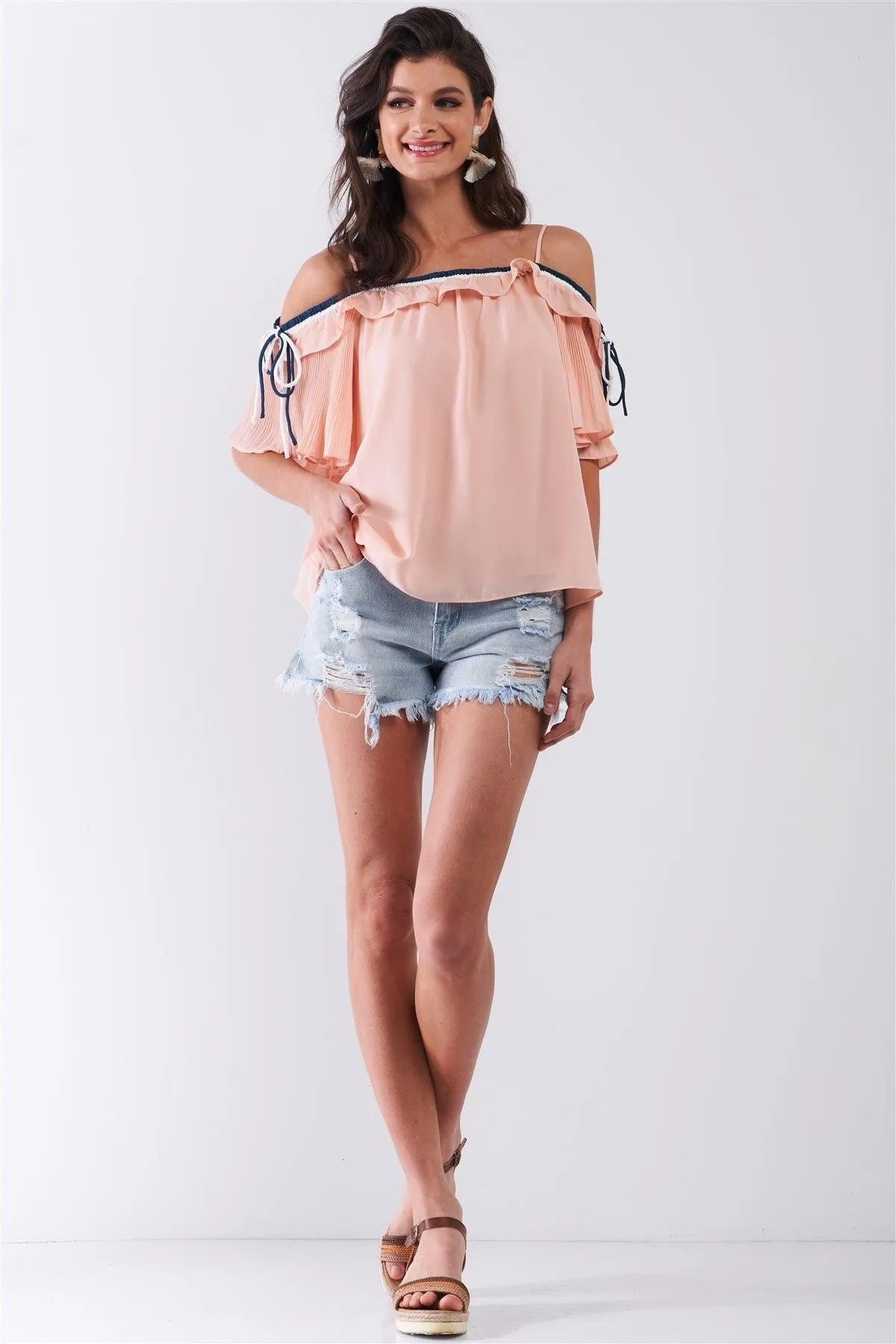 Blush Pink Ruffle Trim Relaxed Fit Off-Shoulder Short Sleeve Top