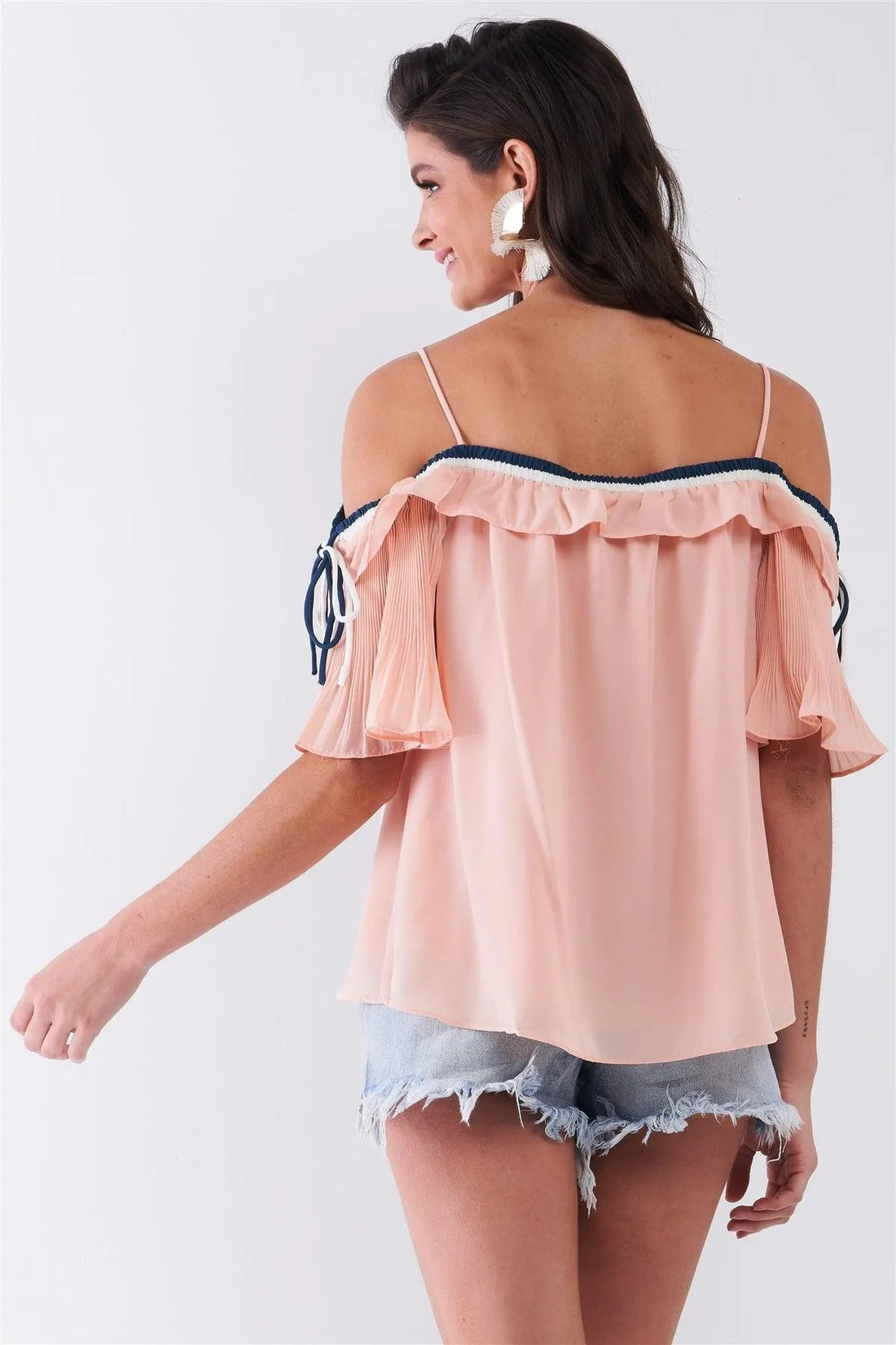 Blush Pink Ruffle Trim Relaxed Fit Off-Shoulder Short Sleeve Top