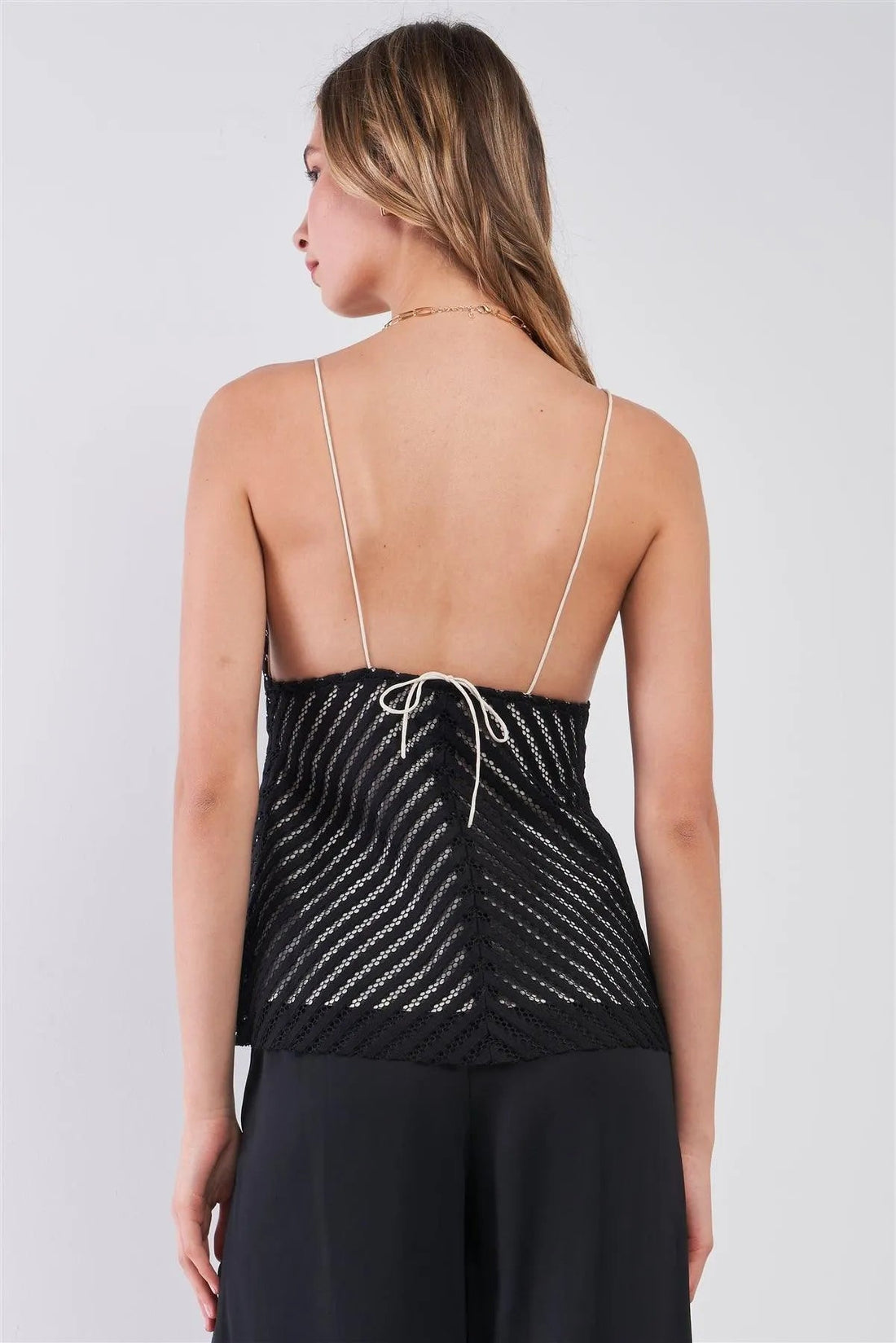 Black & White Striped Crochet Sweetheart Neck Spaghetti Strap Cami Top