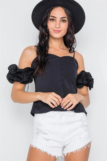 Black Ruffle Sleeve Cold Shoulder Cami Top
