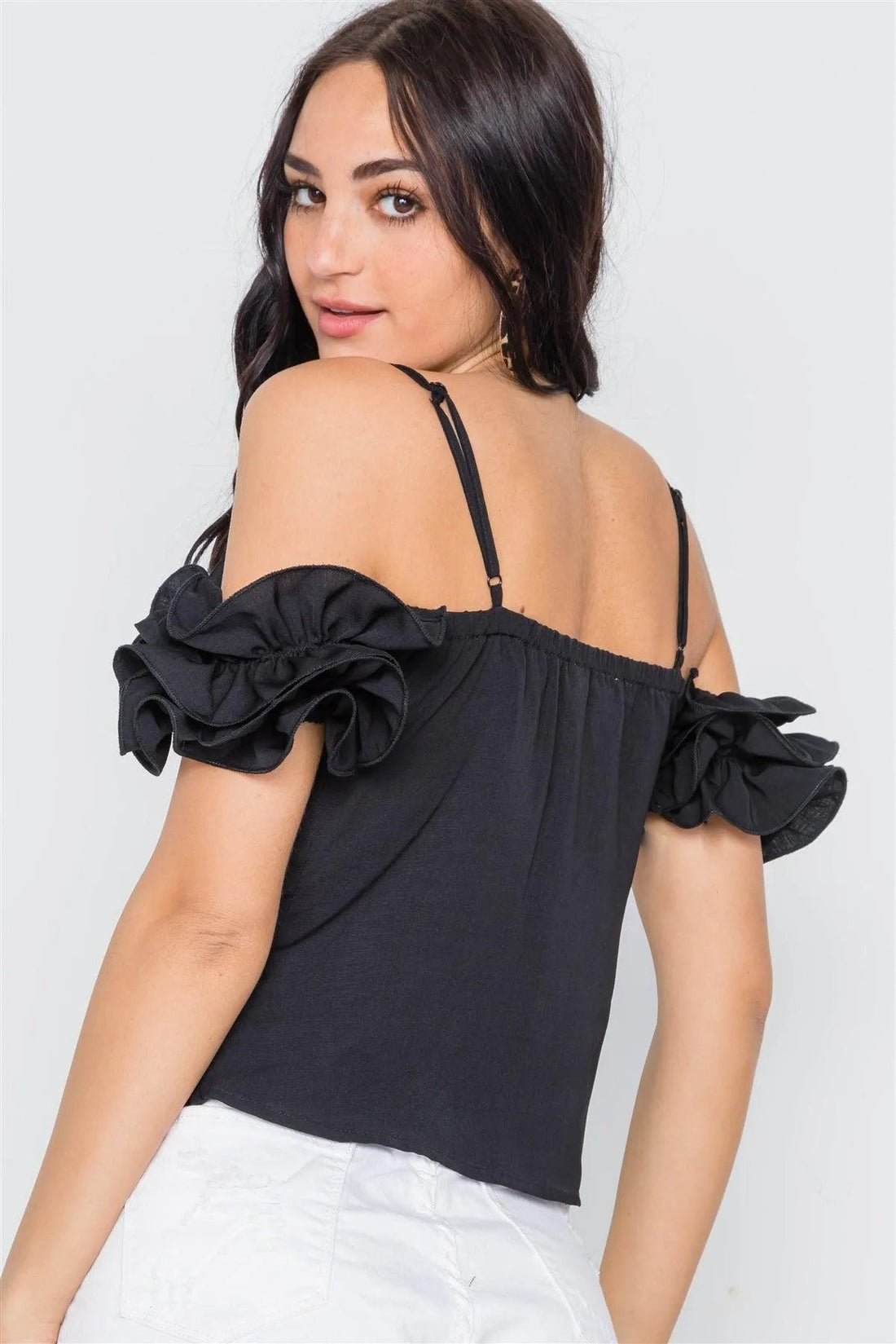 Black Ruffle Sleeve Cold Shoulder Cami Top
